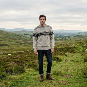 Irelands Eye Mens Merino Wool Silk Sweater Grey Fair Isle Knit Made in Ireland L
